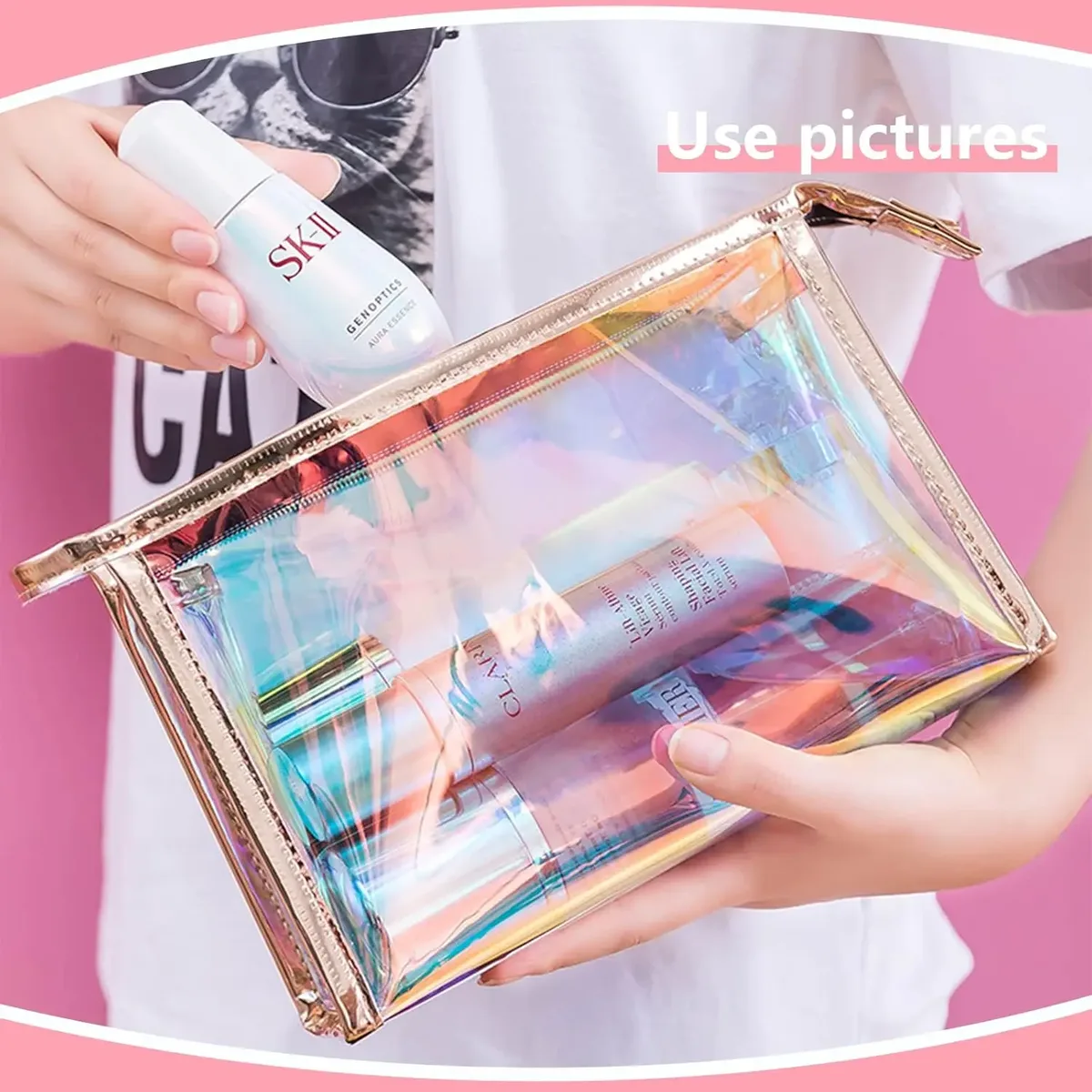 pochette de maquillage holographique, pochette de maquillage transparente en pvc, pochette cosmétique irisée, pochette cosmétique portable de voyage, sacs cosmétiques en tpu