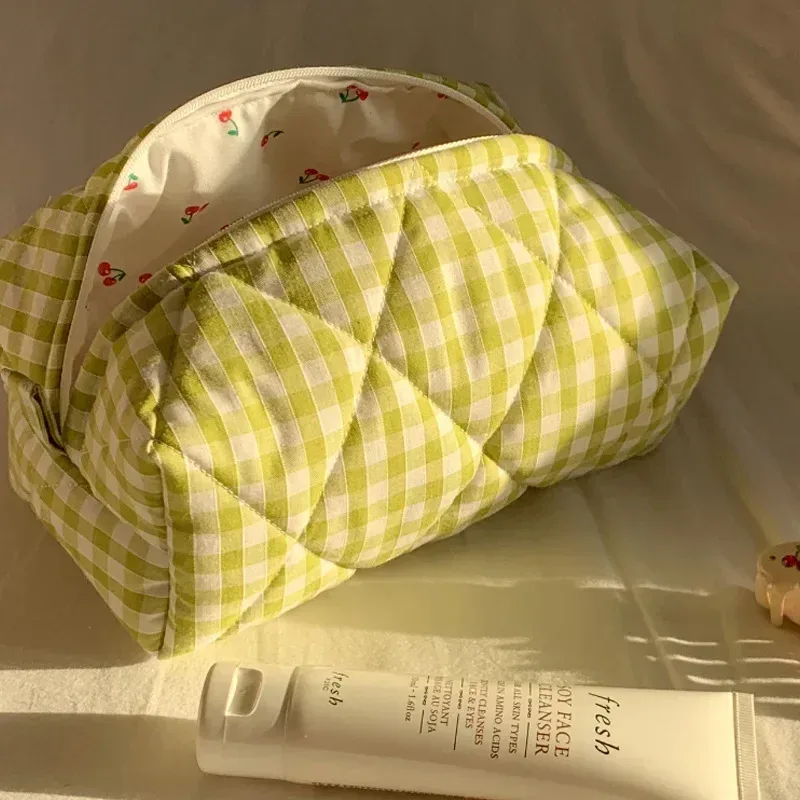 sac de maquillage à fleurs à carreaux, sac de rangement de cosmétiques portable de grande capacité, sac de lavage matelassé en coton, pochette de soins de la peau