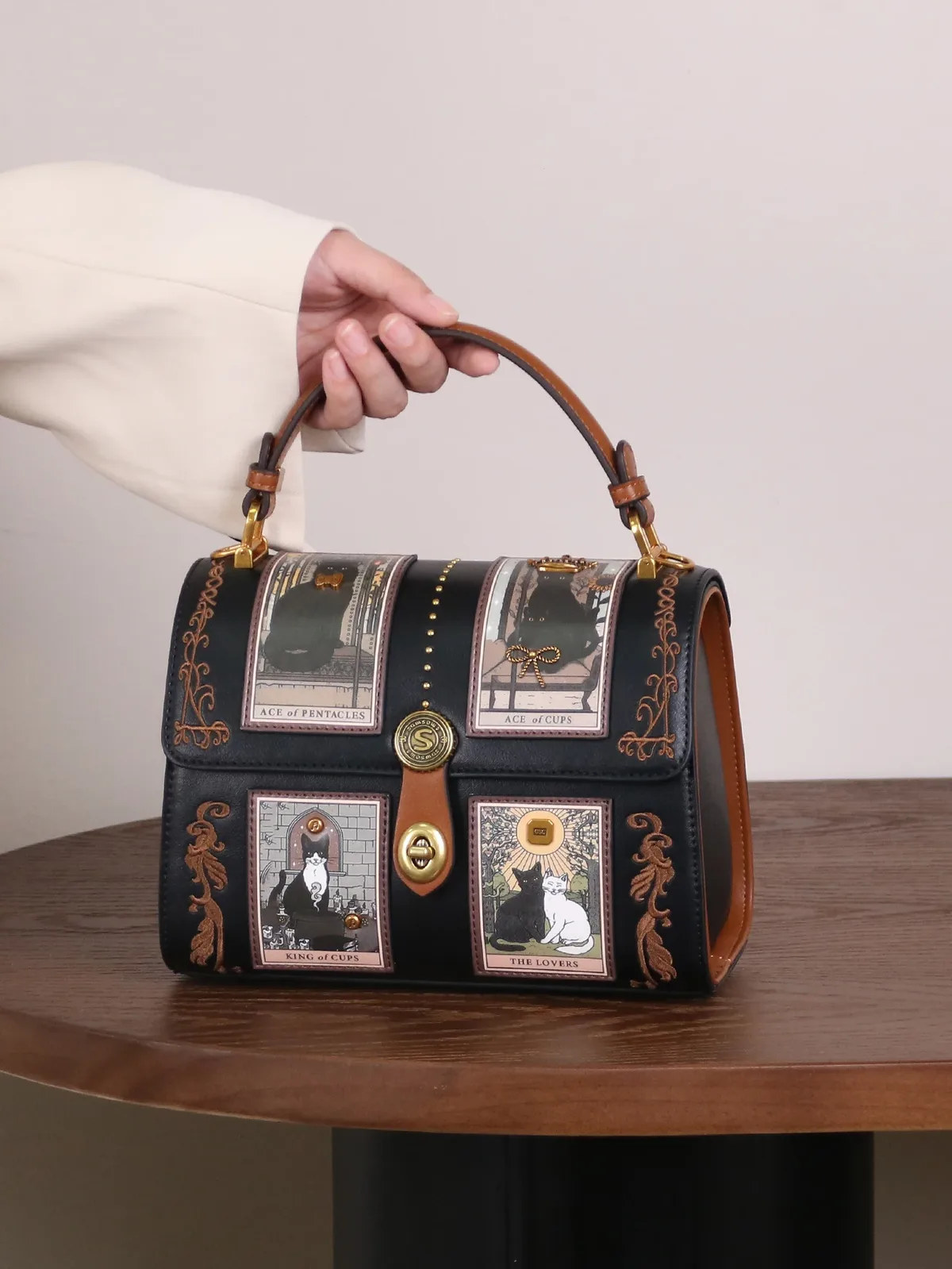 nouveau sac à main de luxe pour femme 2026, style rétro, sac boston tarot, motif chat mignon, sac docteur rose et violet unique