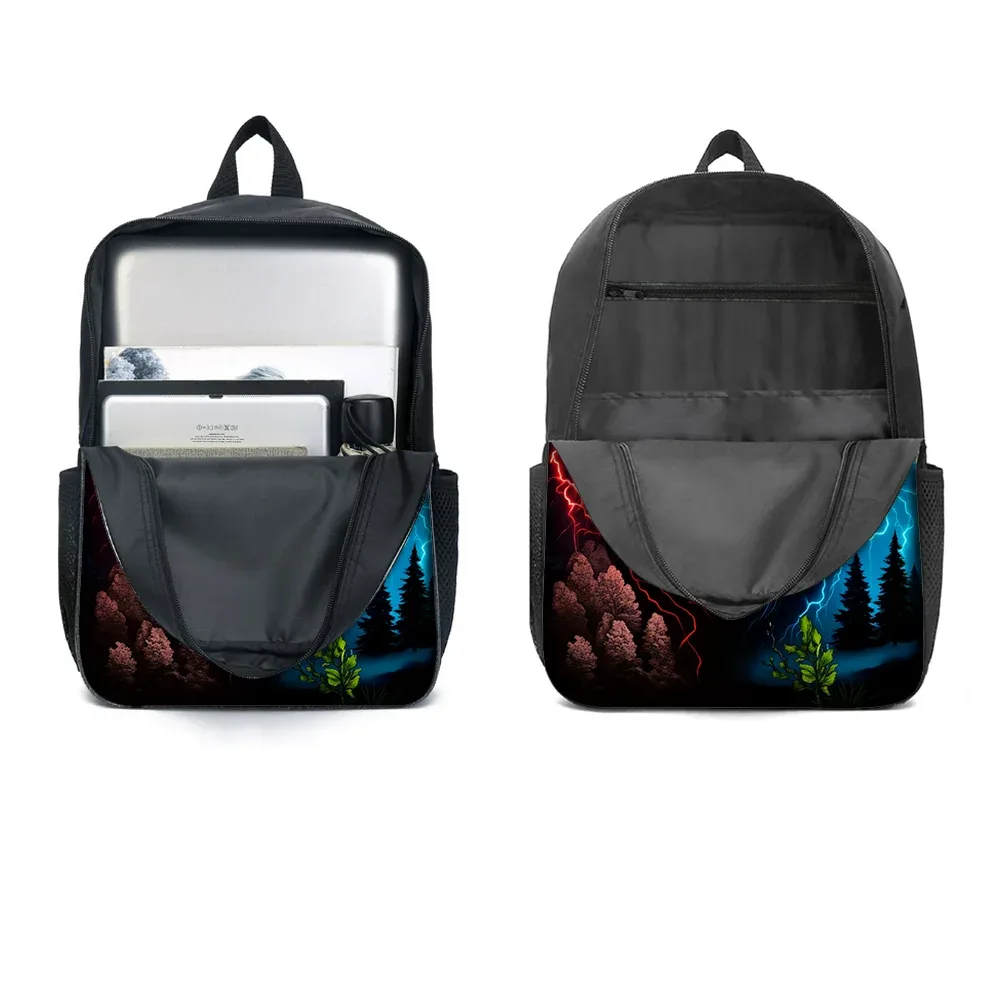 sac dos polyester loup yeux lumineux foudres forêt nocturne bleu rouge voyage décontracté jacquard