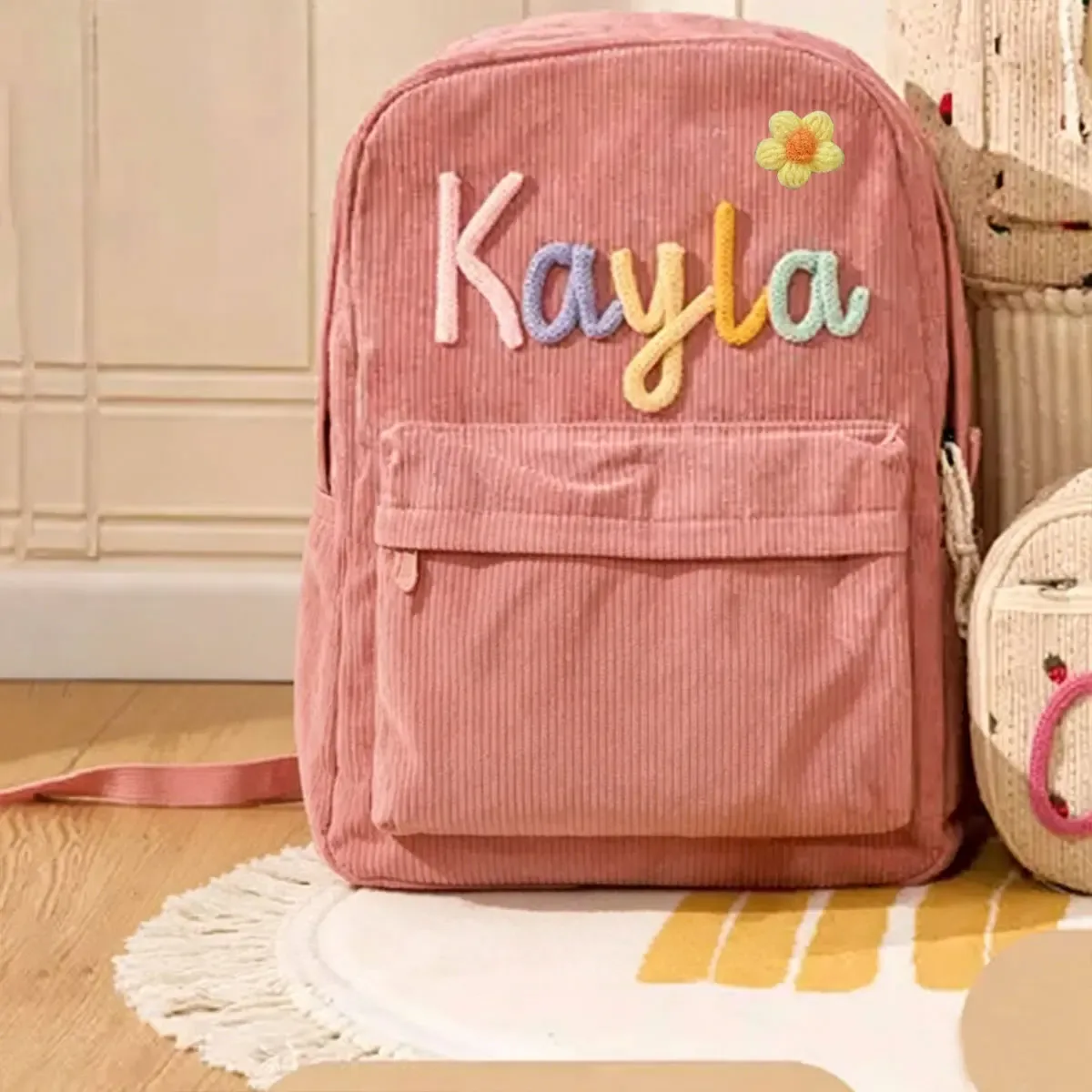 sac à dos personnalisé en velours côtelé, motif fraise/à carreaux, simple et spacieux, cadeau parfait pour la rentrée scolaire