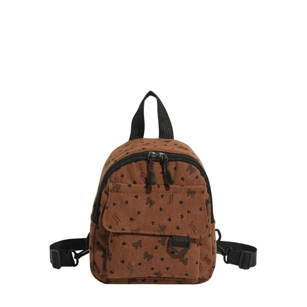 mini sac à dos en velours côtelé léger avec imprimé cœur et nœud, sac à bandoulière multi-compartiments à ouverture zippée, sac à dos quotidien