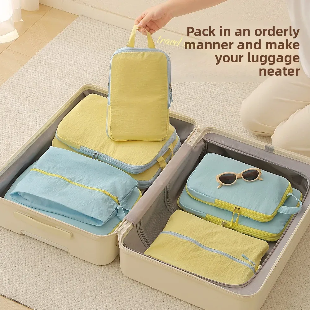 organisateur voyage compression taslan jaune bleu cube sacs chaussures rangement vacances longue durée hygiène transport