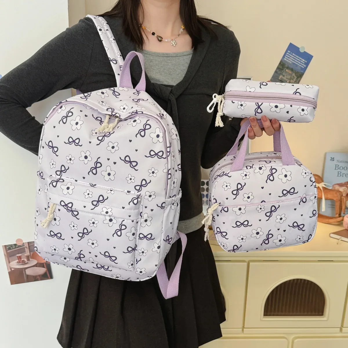 sac à dos imprimé fleurs avec nœud, léger et multifonctionnel, ensemble de trois pièces, pour étudiants et campus – collection high beauty sweet cool