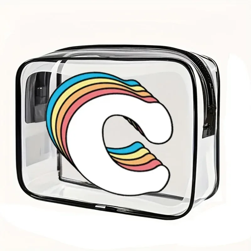 organisateur voyage cosmétiques pvc translucide poignée noire motif arcs-en-ciel lettre grande capacité format tonneau sac compression