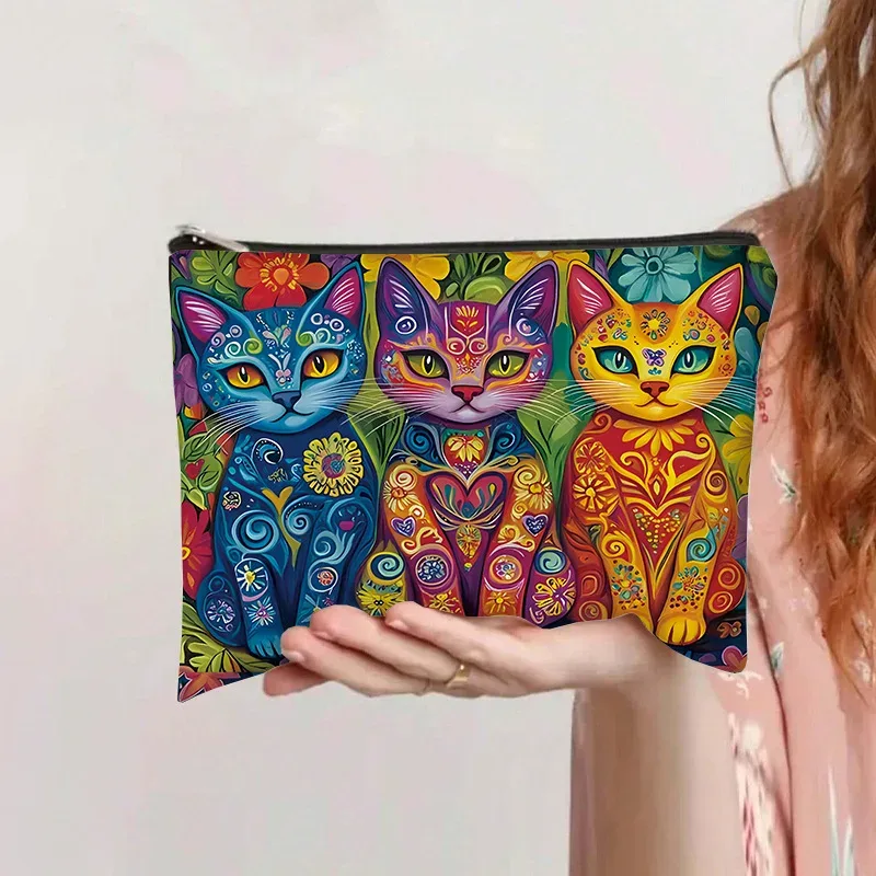 trousse de maquillage rétro chat, pochette de rangement de cosmétiques en toile de grande capacité, trousse de toilette portative avec fermeture éclair pour organisateur personnel