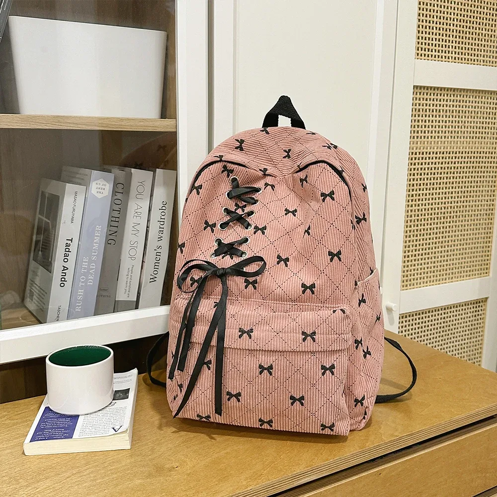 sac à dos de loisirs en velours côtelé avec nœud, grande capacité, style universitaire, pour le printemps et l'été, idéal pour les trajets quotidiens