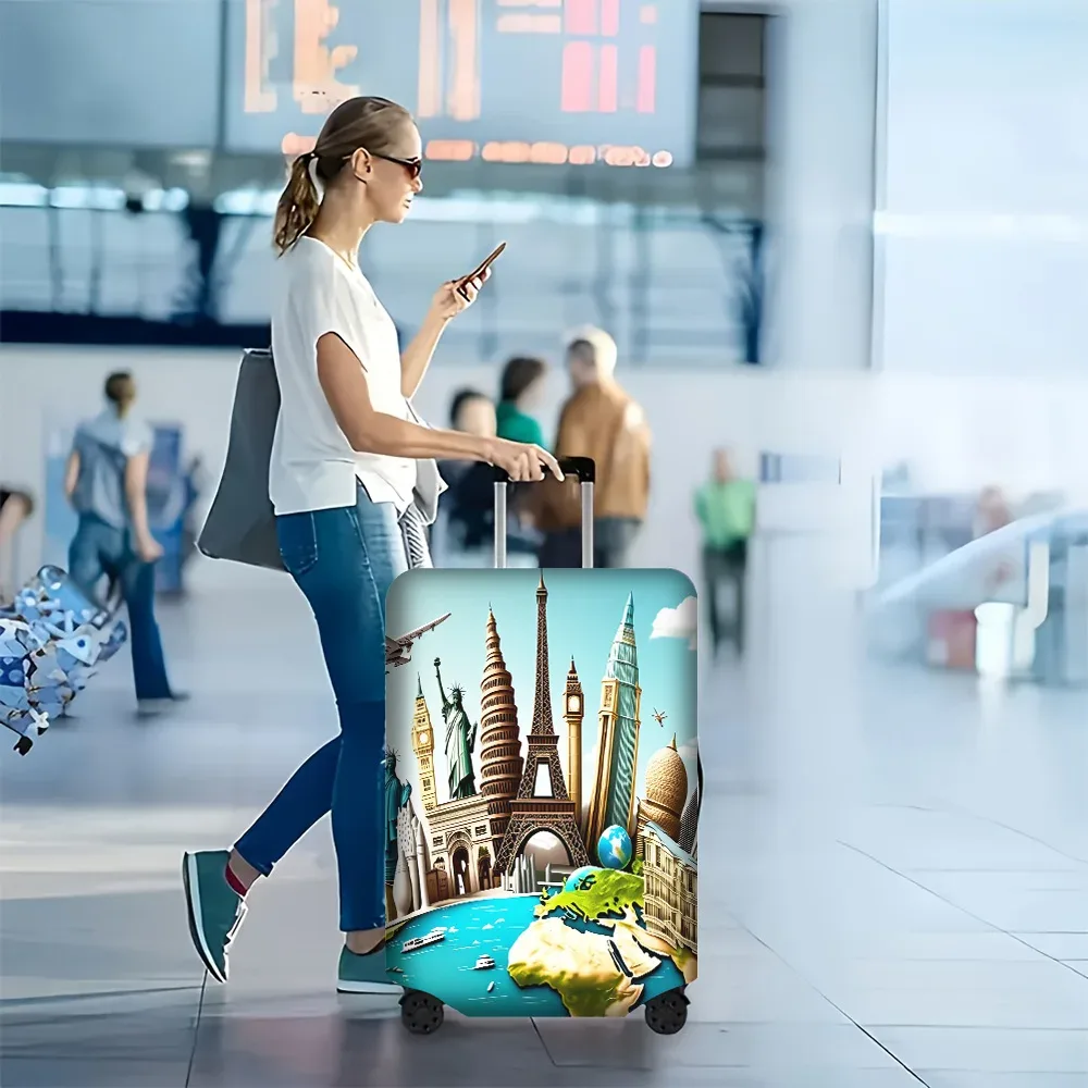 housse valise polyester monde monuments tour eiffel statue liberté big ben petronas twin towers bleu doré vert gris protection voyage