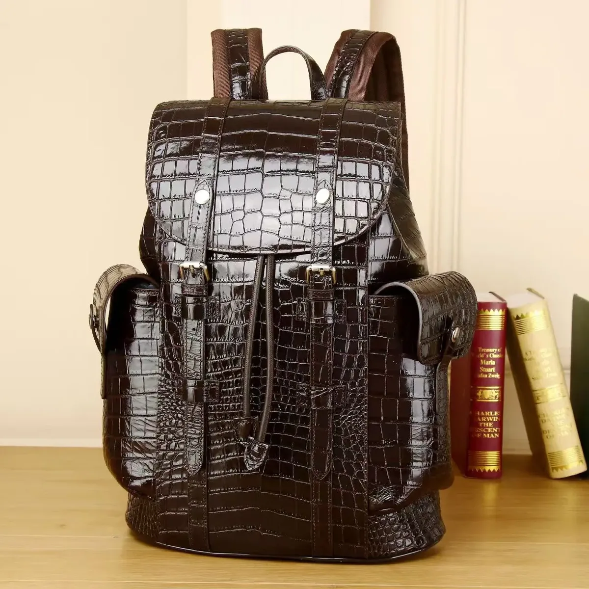 nouveau sac à dos de luxe 2026 en cuir véritable pour homme, motif alligator, sac à dos étudiant garçon, sacoche ordinateur portable 15,6 pouces de luxe