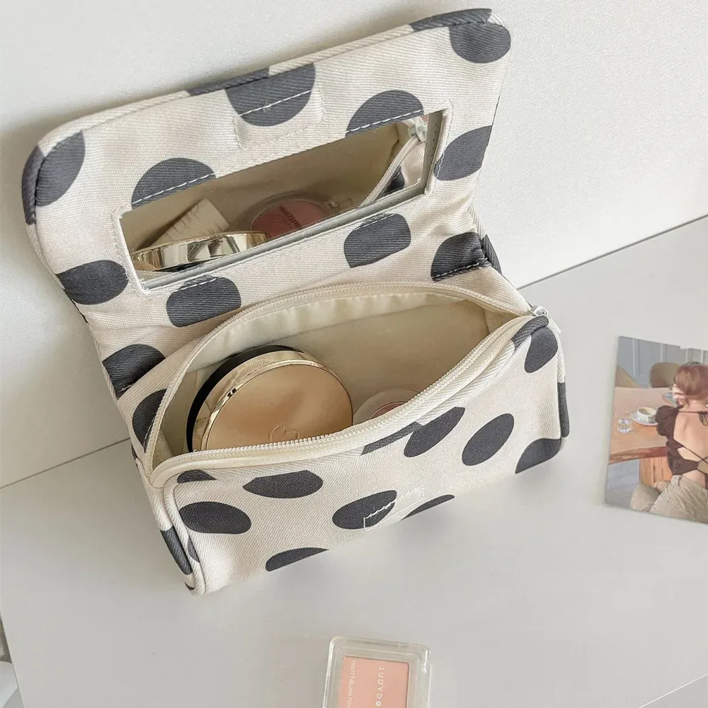 nouvelle trousse de maquillage en toile à pois avec miroir intégré, pochette de voyage portable pour cosmétiques, sac à main mignon pour femmes, organisateur de rangement pour maquillage