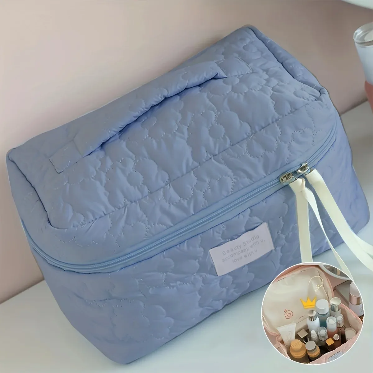 trousse de toilette tendance en tissu doux, grande capacité, couleur bonbon, sac de rangement mignon, trousse de toilette portable de voyage à motif floral pour femme
