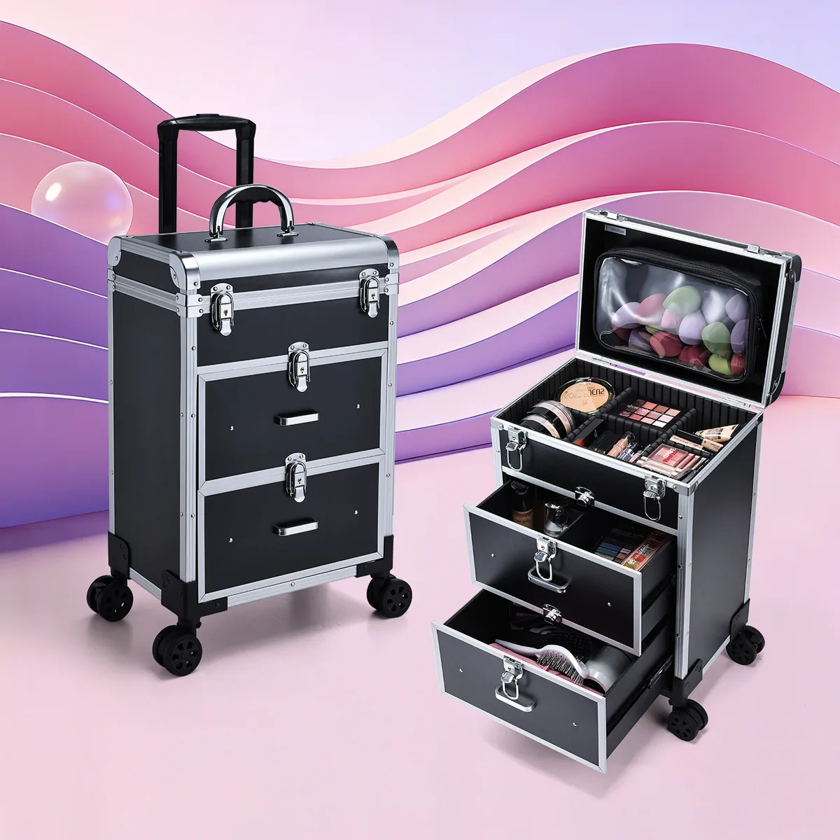 Grand chariot à cosmétiques professionnel avec serrures, mallette de maquillage roulante avec tiroirs, organisateur de rangement de cosmétiques, trousse de maquillage