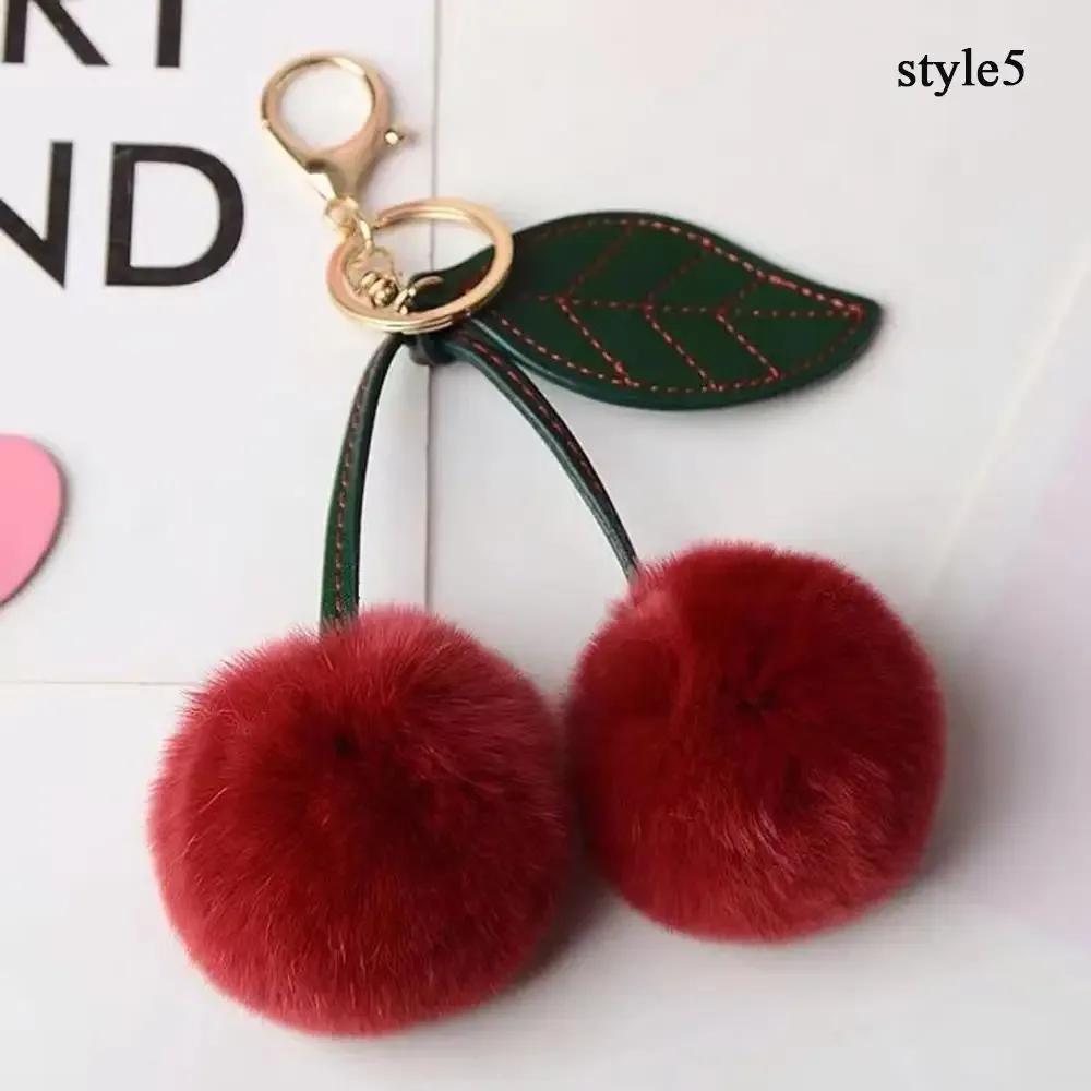 nouveau pelucheux lapin fourrure cerise porte-clés boule pompon porte-clés sac à main voiture porte-clés anneau cadeau femmes sac charme sac à dos accessoire