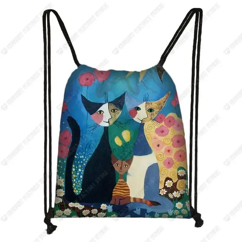 sac à dos de voyage en toile avec motif de chat pour femme, sac de rangement, sac de proximité, joli, mignon, chat de dessin animé, image imprimée, mode