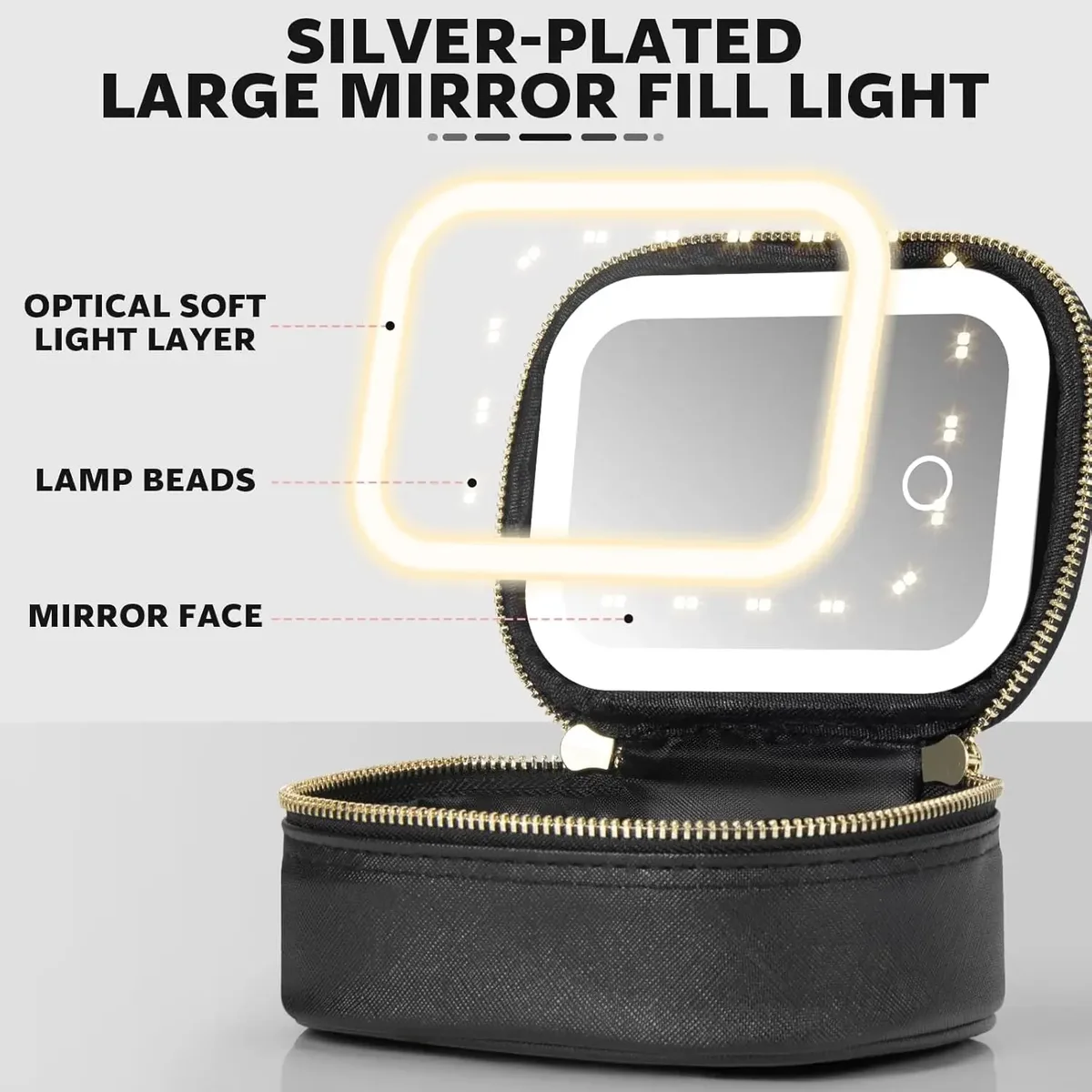 mini trousse de maquillage avec miroir led, petite trousse de toilette de voyage, 3 lumières à luminosité réglable pour femmes, trousse de toilette portable pour le train