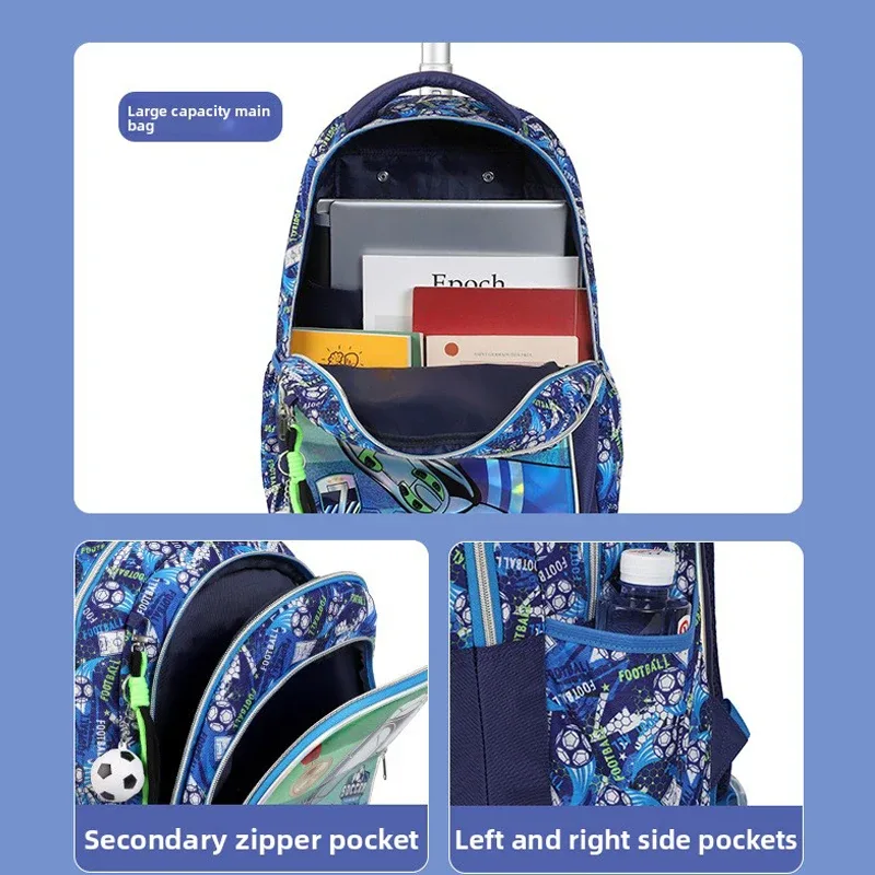 valise sacdos polyester motiffootball chaussuressport bleu roulettes facilitetransport setecolier crayoncase lunchbox thèmefootball usagevoyage scolaire