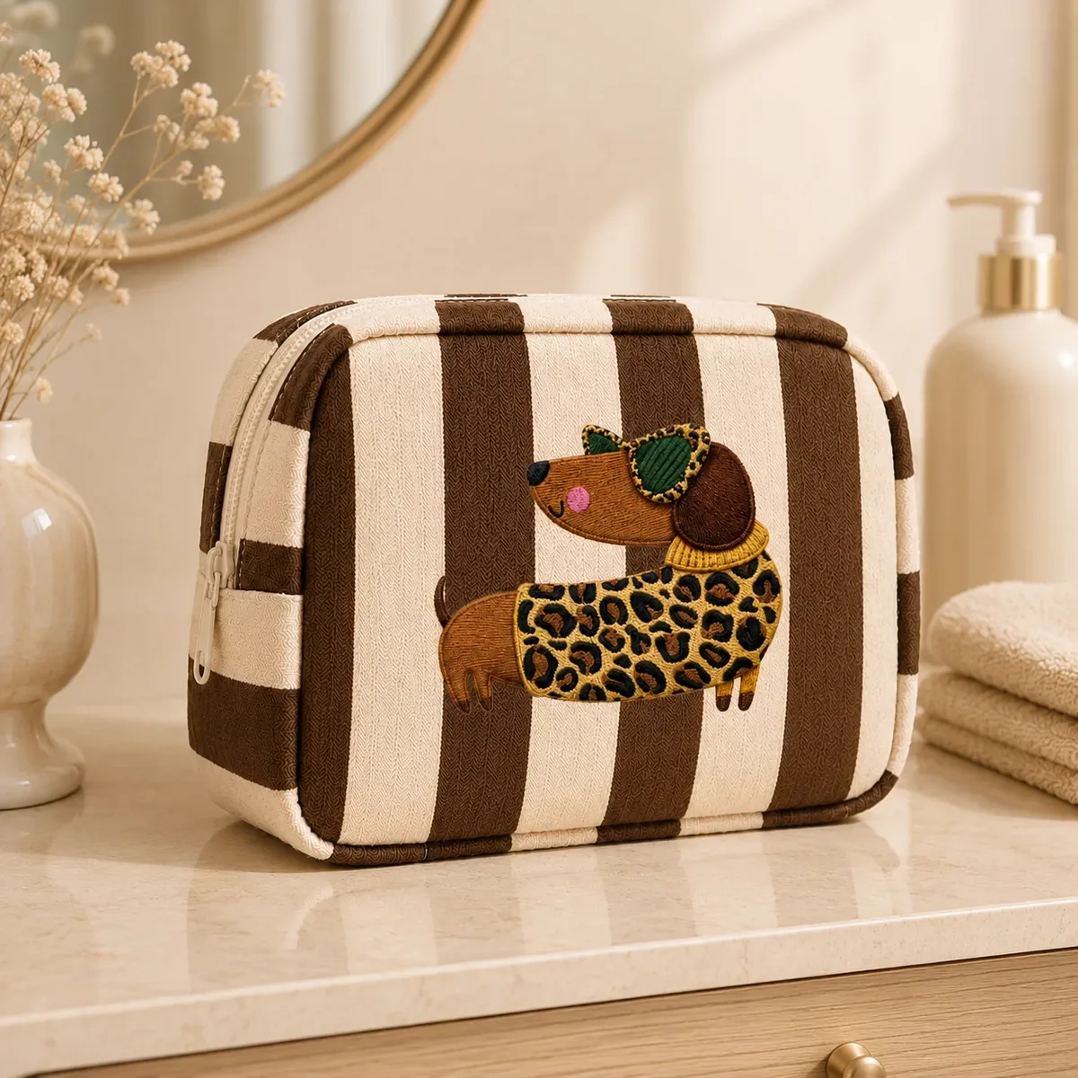trousse de maquillage marron à rayures teckel grande capacité organisateur de toilette pour femmes voyage essentiels beauté quotidienne