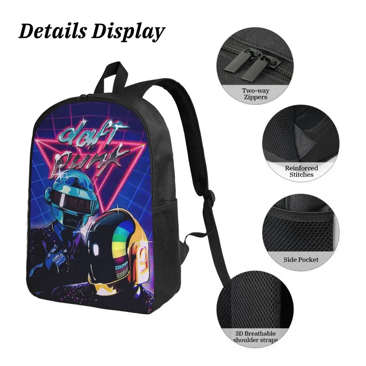 sac dos polyester oxford université motif dessin animé daft punk néon bleu nuit trousse sacs assortis poches latérales fermeture glissière