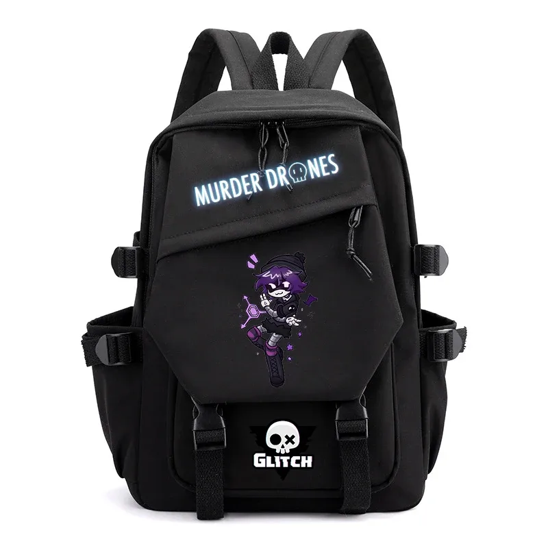 sac dos nylon dessin animé fille guitare murder drones glitch crâne hexagonal gris noir rose vert pastel bandoulière arcuée fermeture éclair usage voyage école