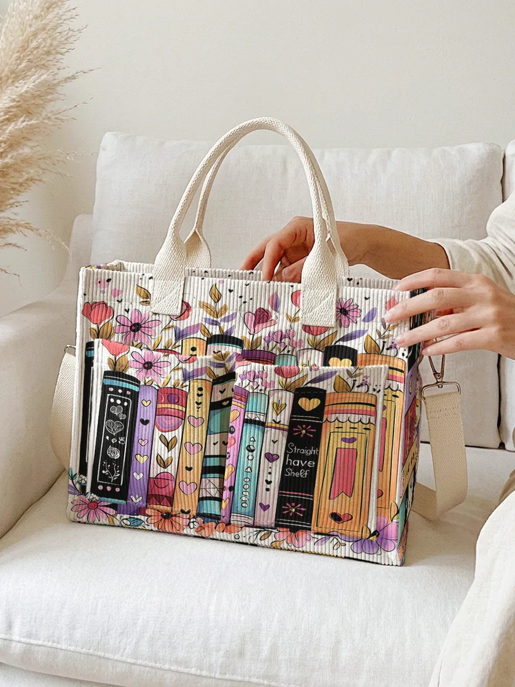 sac fourre-tout en velours côtelé imprimé livres et fleurs colorés, grande capacité, multi-poches, sac à bandoulière pour les trajets quotidiens