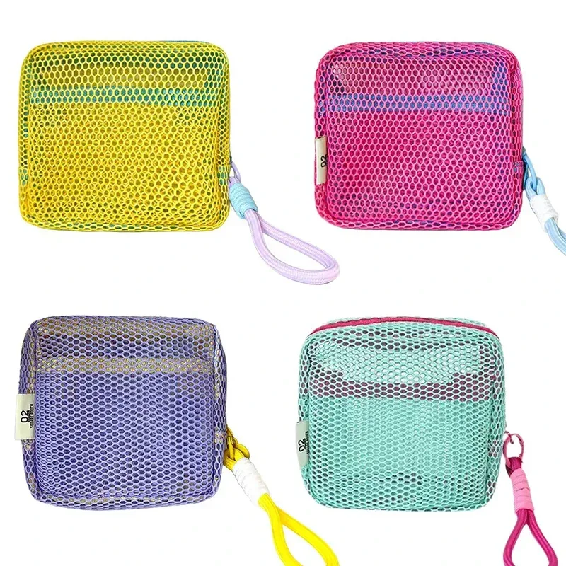 mini pochette en maille dopamine, étui carré coloré pour écouteurs, sac portable pour rouge à lèvres et cosmétiques, organisateur de rangement respirant pour articles de toilette