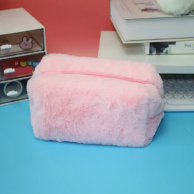 grand sac à cosmétiques de couleur unie à fermeture éclair, trousse de maquillage en fourrure mignonne pour femmes, trousse de toilette de voyage, pochette de lavage, pochette pour stylos en peluche