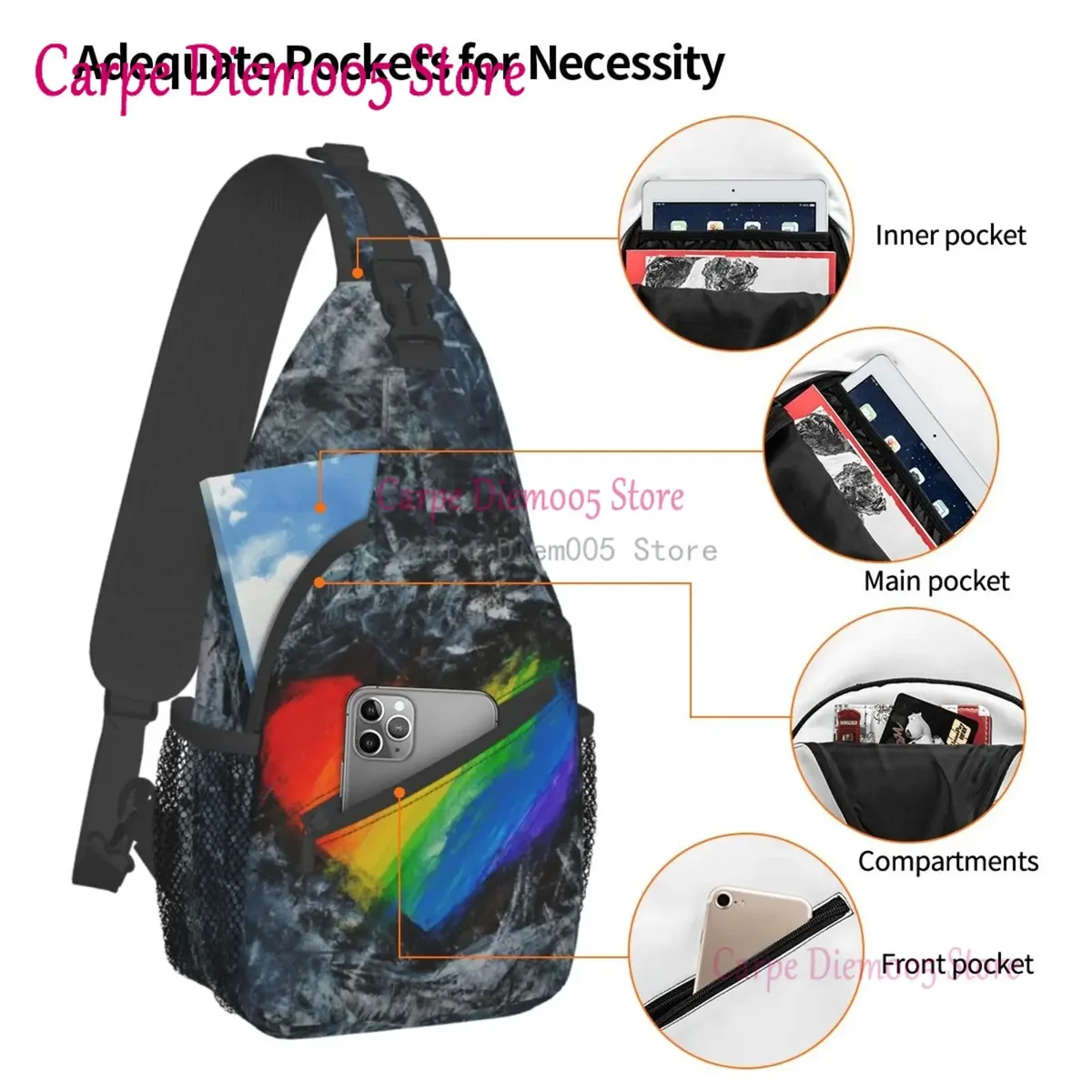sac à bandoulière arc-en-ciel pour hommes, sac à dos de poitrine pour randonnée