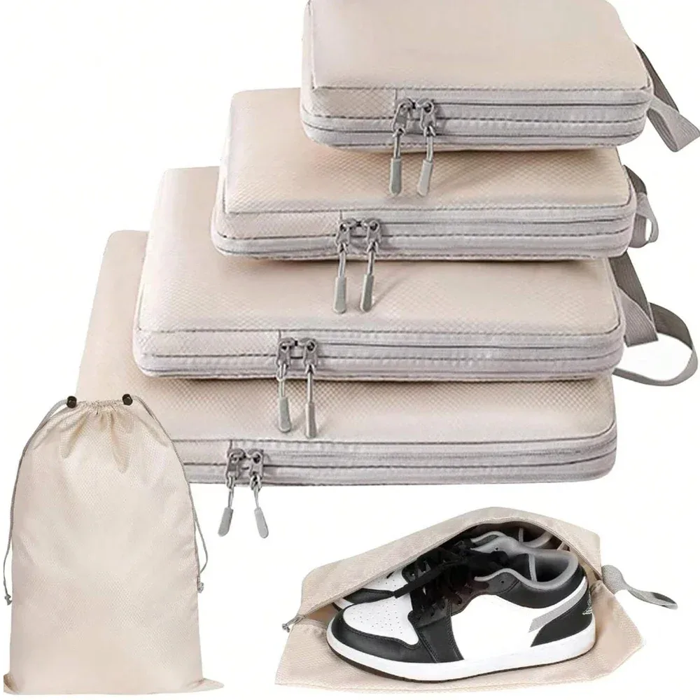 organisateur voyage polyester orange format rectangulaire zip gris bordure empilable poignée pratique compression sac chaussures rangement fournitures usage voyage
