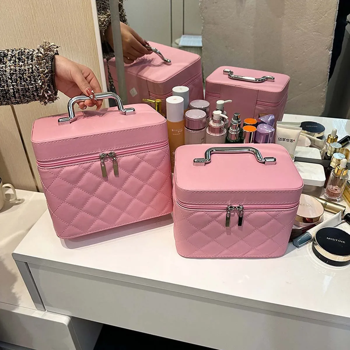 trousse de maquillage portable de luxe, étui à cosmétiques monochromatique, boîte de rangement de maquillage, carreaux de diamant rouge net, fil de littérature, nouveau