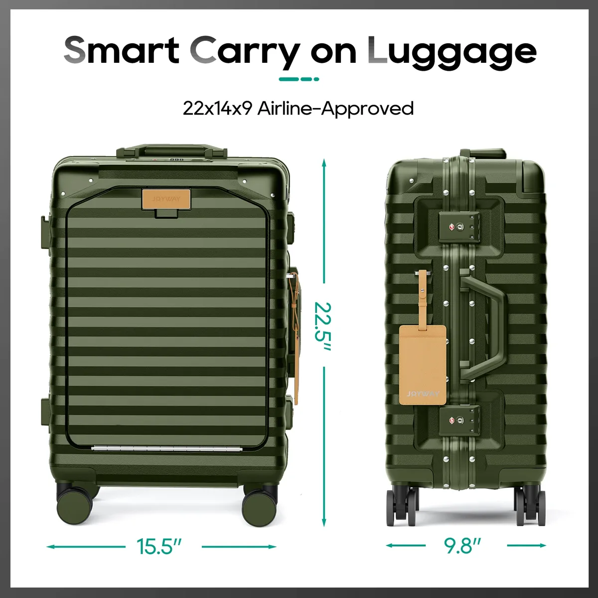 valise joyway 20 pouces en aluminium avec poche avant, port usb, porte-gobelet, serrure tsa et roulettes pivotantes