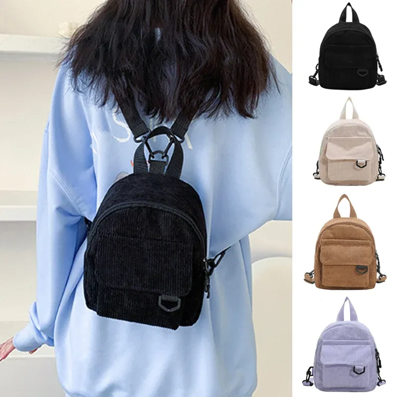 mini sac à dos en velours côtelé pour femme, cartable pour femme, monochrome, grande capacité, durable, simple, décontracté, voyage, document, mode