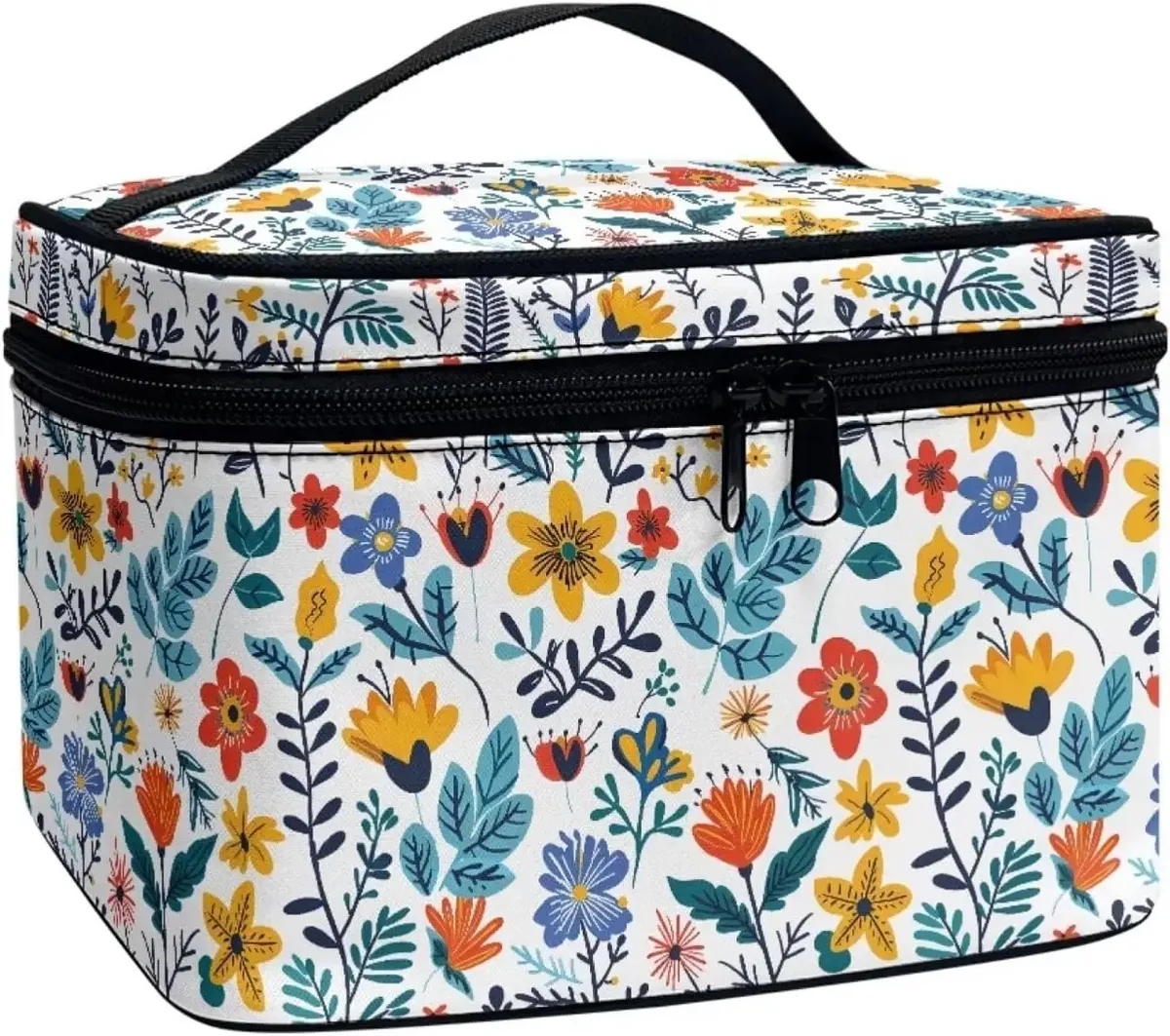 trousse polyester motif floral champignons poignée noire bleu jaune rouge vert voyage maquillage cosmétiques
