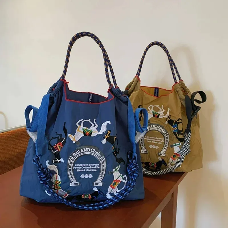 sac fourre-tout en nylon brodé pour femmes, sac messager de grande capacité, sac de shopping décontracté pour femmes