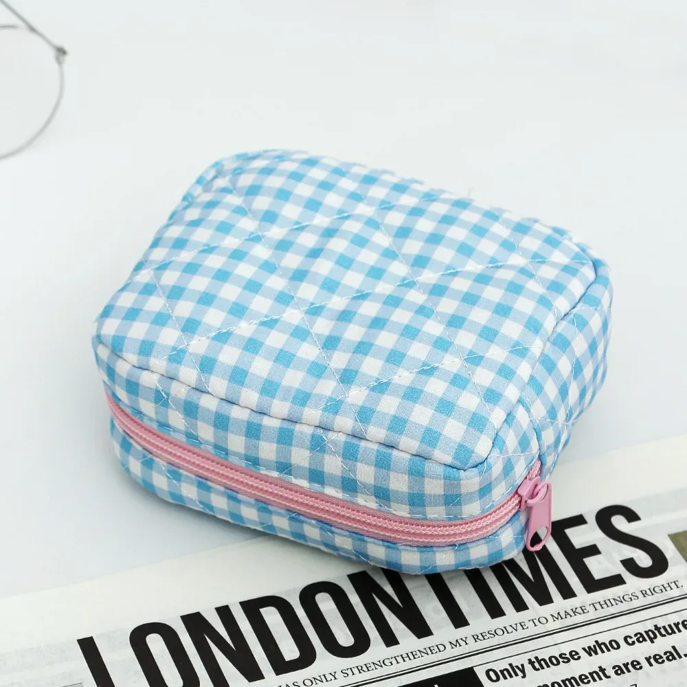sac de maquillage portable, design matelassé, motif à carreaux, sac de rangement pour pinceaux de maquillage avec fermeture éclair, sac de toilette multifonctionnel pour les voyages