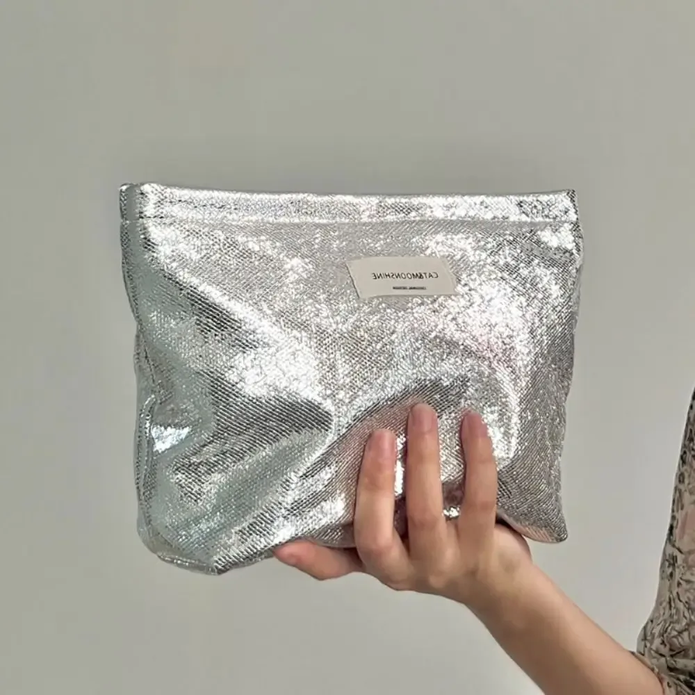 sac de maquillage à paillettes brillantes pour femmes, sac à cosmétiques argenté champagne, couleur unie, sac de rangement pour articles de toilette et soins de la peau