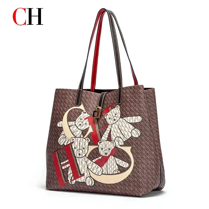 Sac fourre-tout pour femme CH, grande capacité, sac à main imprimé ours de dessin animé, sac à bandoulière en cuir PU, sac de shopping décontracté et tendance, sac à main pour femme