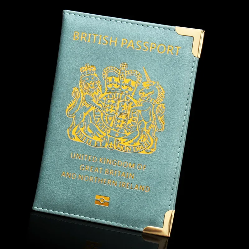 accessoires de voyage porte-passeport britannique avec pieds en cuivre, couverture de passeport en pu, portefeuilles d'angle en métal fin, porte-carte d'identité