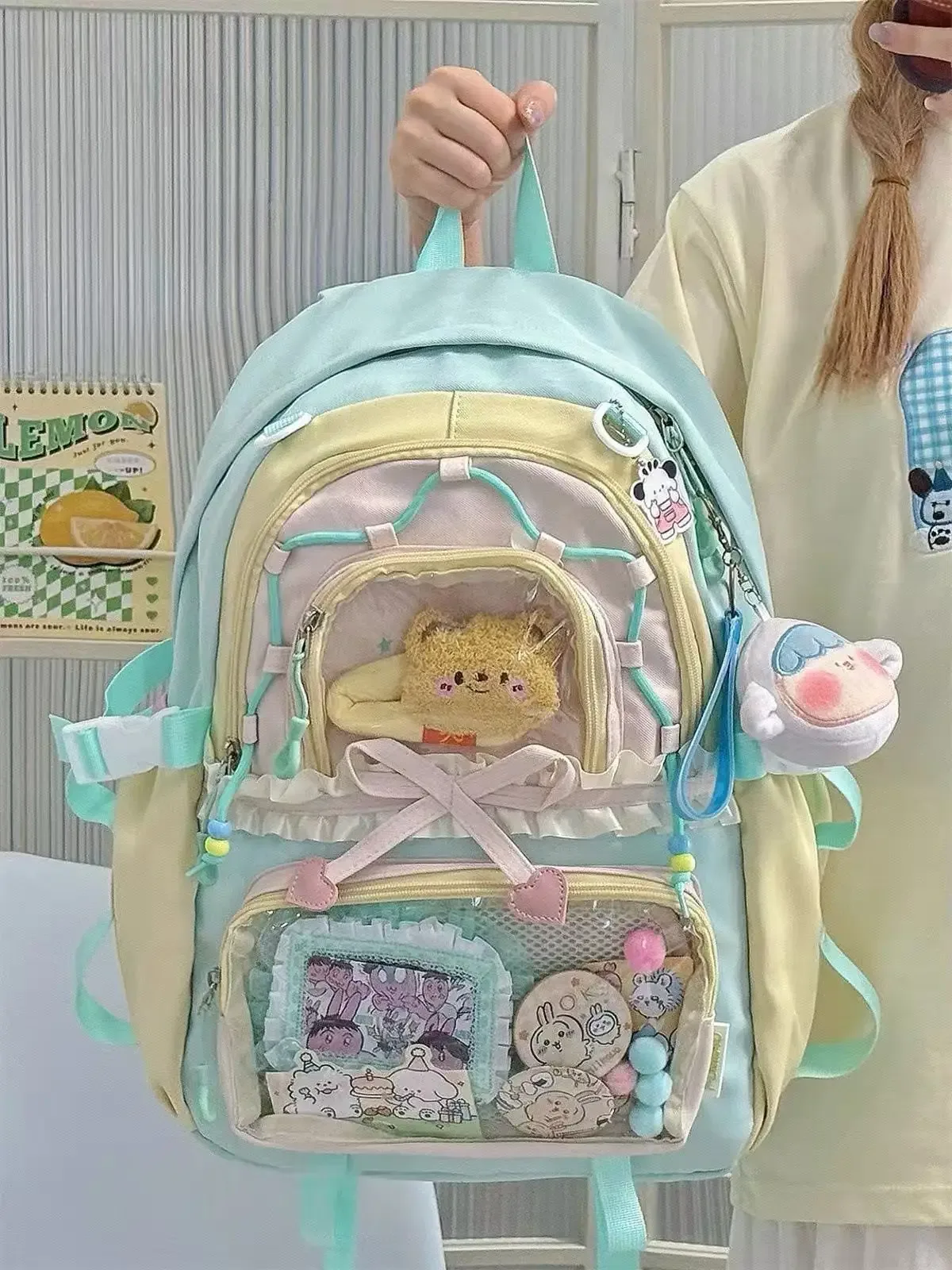 sac à dos ita transparent italife dopamine anmie pour femme, idéal pour la rentrée scolaire, style japonais, avec grandes volants et nœuds pour l'affichage des badges h259