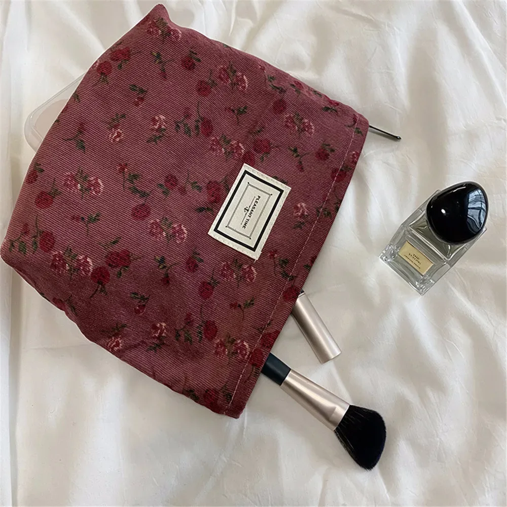 sac à cosmétiques en velours côtelé de grande capacité pour femme, trousse de maquillage à fermeture éclair, pochette de rangement de cosmétiques de voyage portable