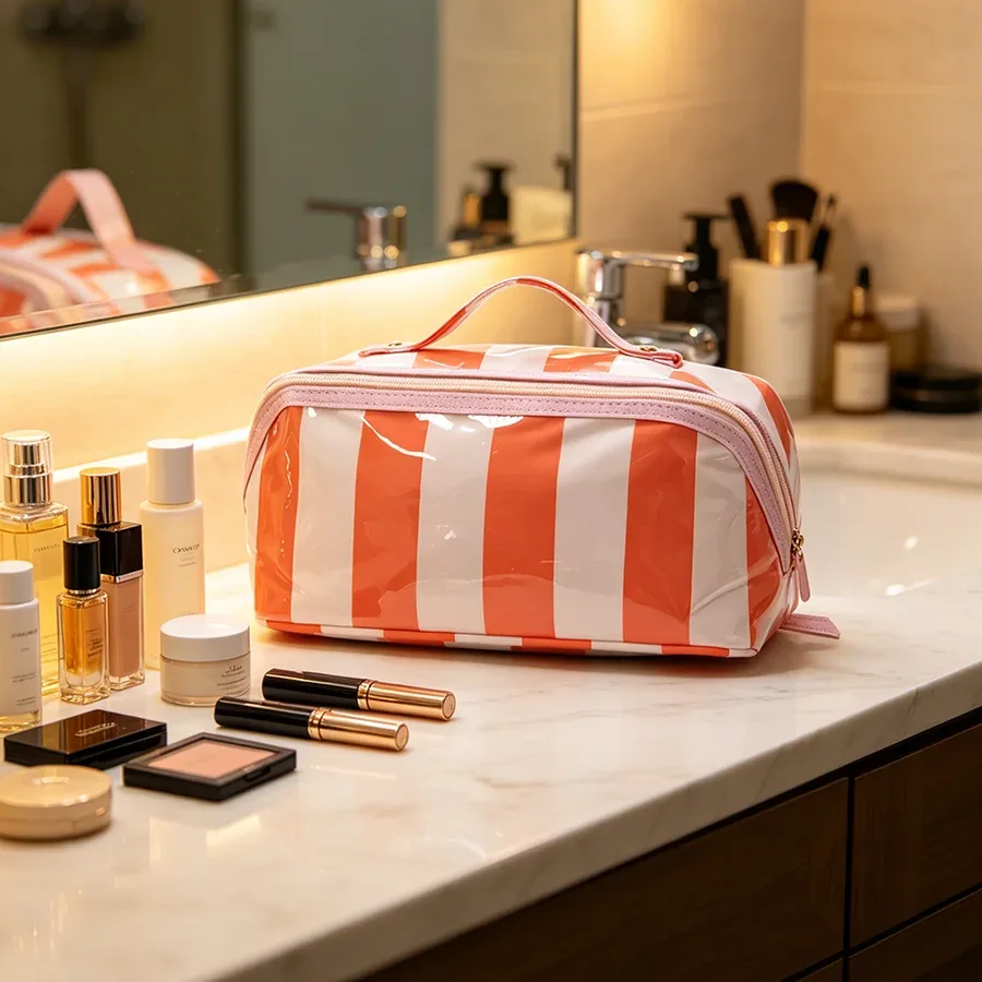 Sac à cosmétiques en PVC pour femmes, grande capacité, pochette portable étanche, trousse de toilette à ouverture plate avec poignée