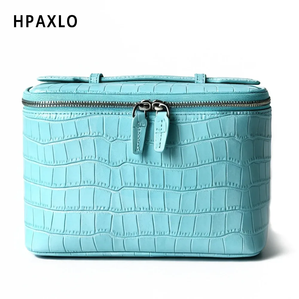 trousse de maquillage en cuir pleine fleur imprimé crocodile bleu, sac de toilette, cadeau femme, étui cosmétique, organisateur de maquillage de voyage