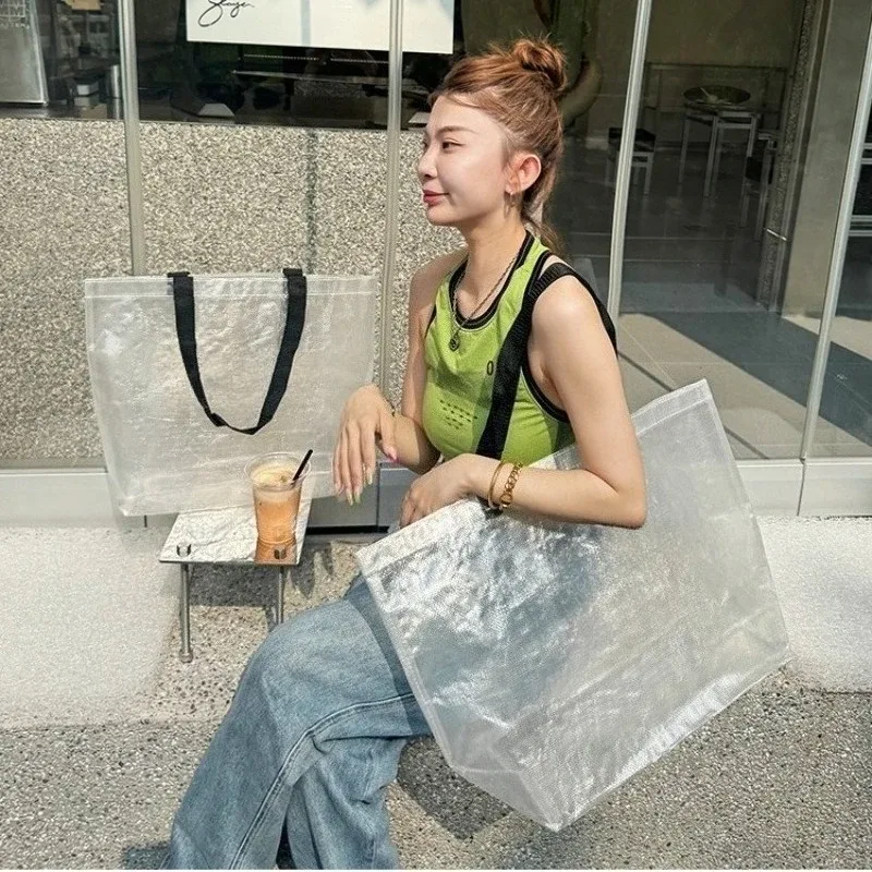 sac fourre-tout tissé transparent, pliable, réutilisable, étanche, pour épicerie, voyage, plage d'été, sac à bandoulière écologique