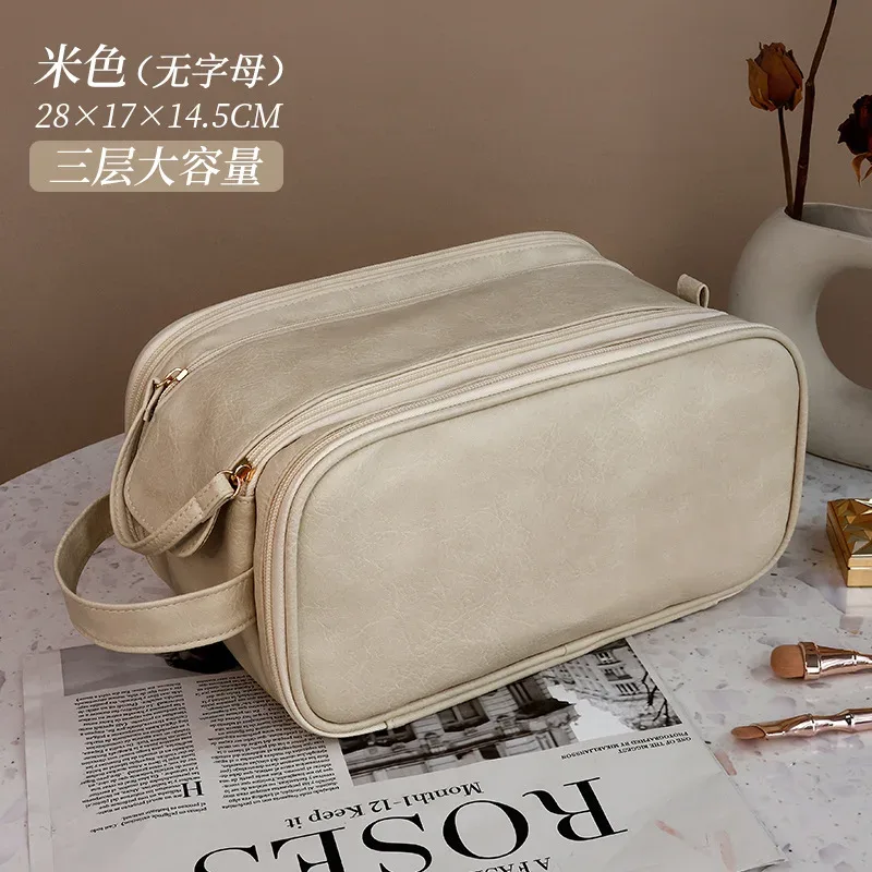 sac de maquillage multifonctionnel en cuir pu pour femmes, grande capacité, portable, double fermeture éclair, brosse de maquillage de voyage, sac de rangement d'articles de toilette