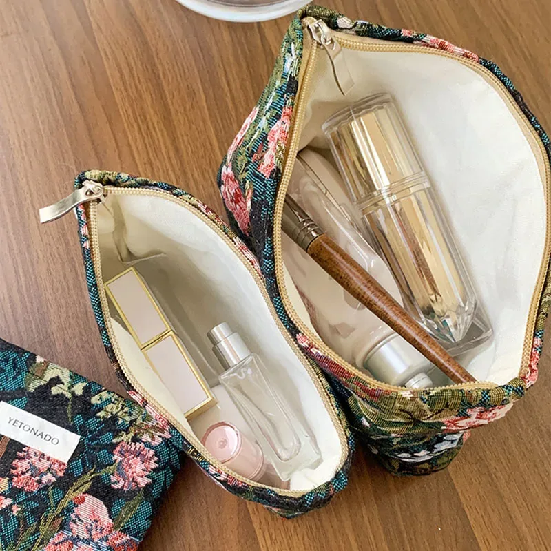 ins style vintage fleurs sac cosmétique portable main sac cosmétique voyage trousse de toilette sac de rangement outils de maquillage pochette de rangement