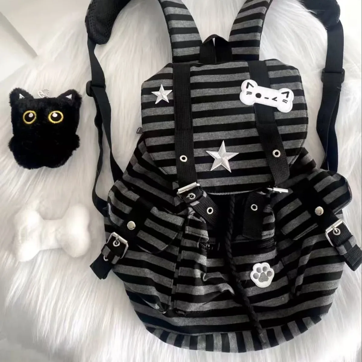sac à dos rayé de style coréen, mignon, y2k, décontracté, avec cordon de serrage, sacs d'étudiant grande capacité, sac pour femme k-pop, pour voyage et vacances