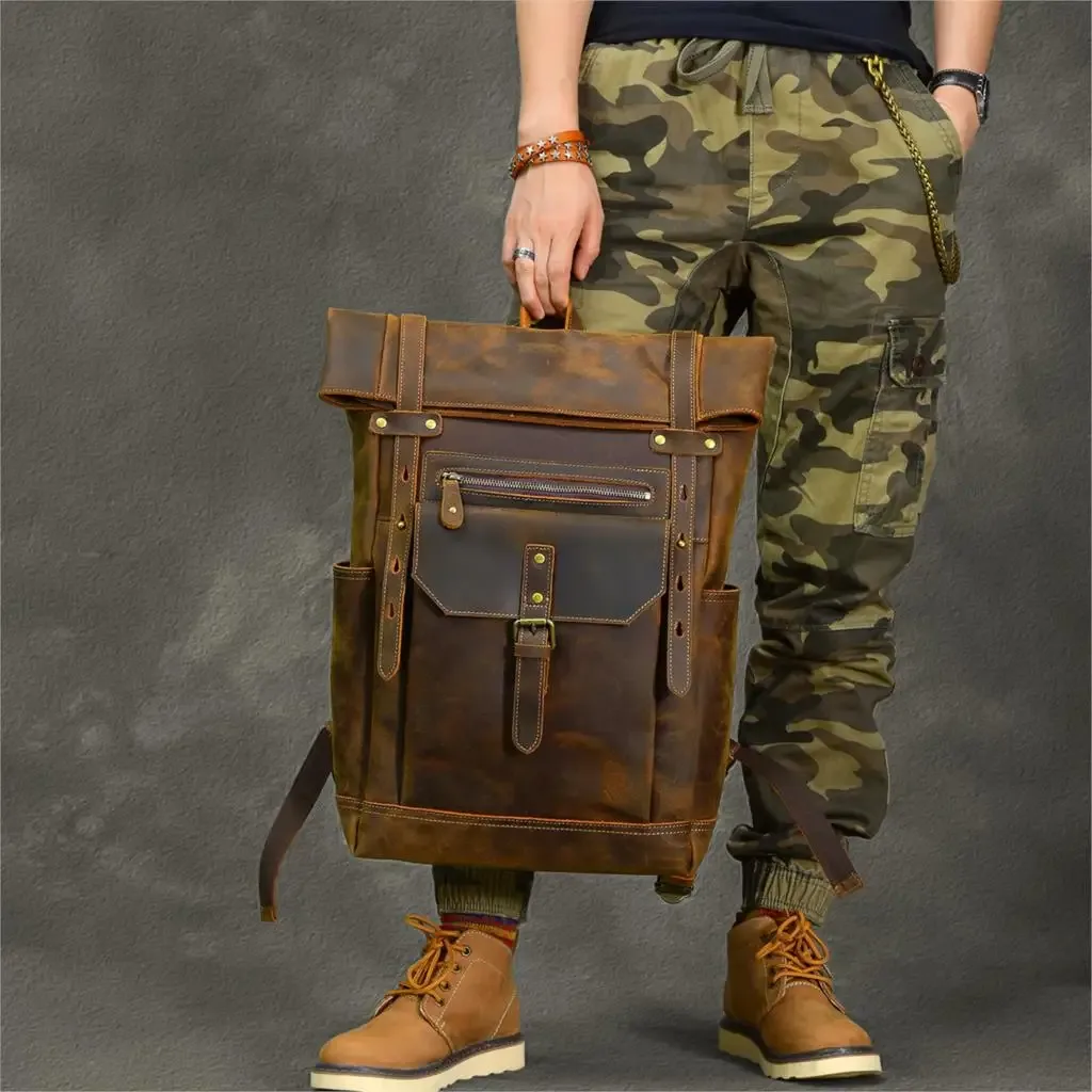 sac dos cuir vache marron bandoulière arquée pochette ordinateur capacité grande voyage retour style vieux