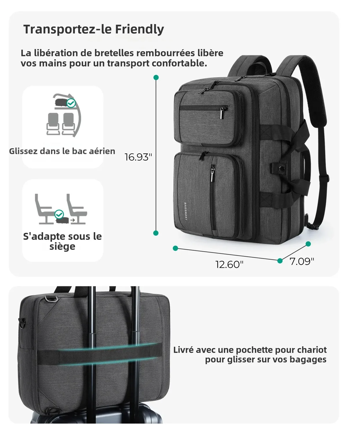sac dos pvc gris anthracite texturé 36 55 litres organisateur 7 poches rembourré anti choc voyage business école shopping sport
