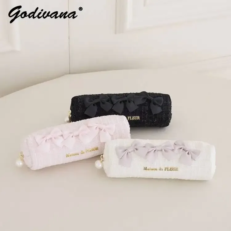Étui à crayons en tweed avec nœud papillon mignon de style japonais, mini organisateur, sac de maquillage pour filles et femmes