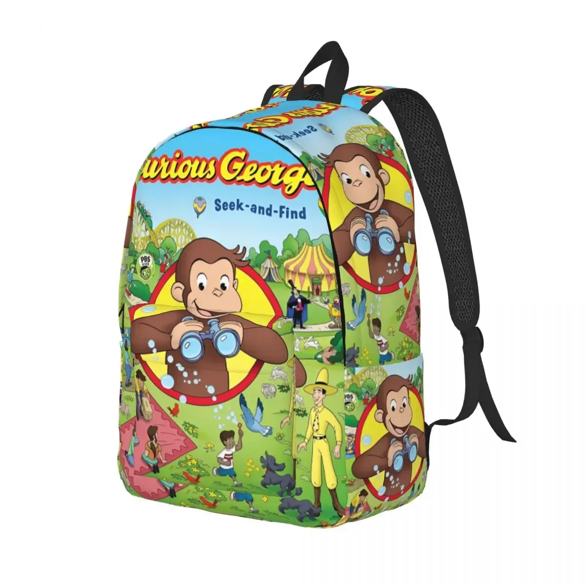 sac dos toile polyester noir motif curious george poche zip latérale compartiment intérieur usage voyage étudiant