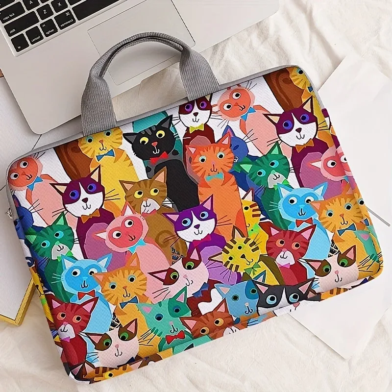 ensemble une pièce, deux styles, sac pour ordinateur portable imprimé à motif de chat de dessin animé coloré, porte-documents, adapté aux ordinateurs portables de 14 pouces